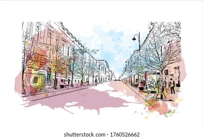 Building view with landmark of Vilnius, Lithuania’s capital, is known for its baroque architecture, seen especially in its medieval Old Town. Watercolor splash Hand drawn sketch illustration vector.