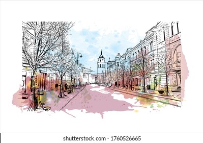 Building view with landmark of Vilnius, Lithuania’s capital, is known for its baroque architecture, seen especially in its medieval Old Town. Watercolor splash Hand drawn sketch illustration vector.