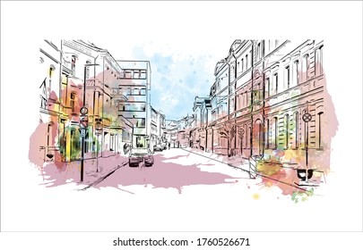 Building view with landmark of Vilnius, Lithuania’s capital, is known for its baroque architecture, seen especially in its medieval Old Town. Watercolor splash Hand drawn sketch illustration vector.