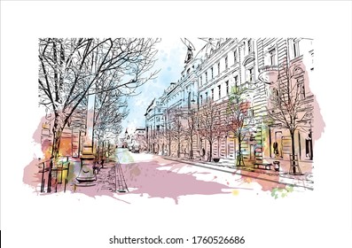 Building view with landmark of Vilnius, Lithuania’s capital, is known for its baroque architecture, seen especially in its medieval Old Town. Watercolor splash Hand drawn sketch illustration vector.