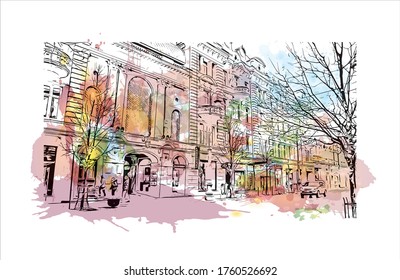 Building view with landmark of Vilnius, Lithuania’s capital, is known for its baroque architecture, seen especially in its medieval Old Town. Watercolor splash Hand drawn sketch illustration vector.
