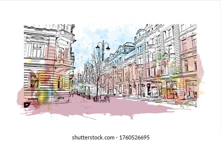 Building view with landmark of Vilnius, Lithuania’s capital, is known for its baroque architecture, seen especially in its medieval Old Town. Watercolor splash Hand drawn sketch illustration vector.