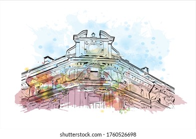 Building view with landmark of Vilnius, Lithuania’s capital, is known for its baroque architecture, seen especially in its medieval Old Town. Watercolor splash Hand drawn sketch illustration vector.