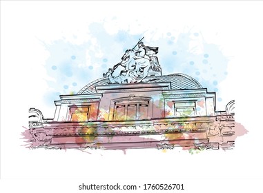 Building view with landmark of Vilnius, Lithuania’s capital, is known for its baroque architecture, seen especially in its medieval Old Town. Watercolor splash Hand drawn sketch illustration vector.
