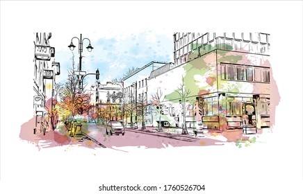 Building view with landmark of Vilnius, Lithuania’s capital, is known for its baroque architecture, seen especially in its medieval Old Town. Watercolor splash Hand drawn sketch illustration vector.