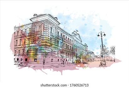 Building view with landmark of Vilnius, Lithuania’s capital, is known for its baroque architecture, seen especially in its medieval Old Town. Watercolor splash Hand drawn sketch illustration vector.