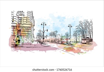 Building view with landmark of Vilnius, Lithuania’s capital, is known for its baroque architecture, seen especially in its medieval Old Town. Watercolor splash Hand drawn sketch illustration vector.