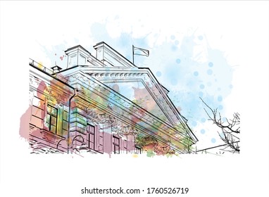Building view with landmark of Vilnius, Lithuania’s capital, is known for its baroque architecture, seen especially in its medieval Old Town. Watercolor splash Hand drawn sketch illustration vector.