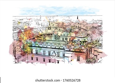 Building view with landmark of Vilnius, Lithuania’s capital, is known for its baroque architecture, seen especially in its medieval Old Town. Watercolor splash Hand drawn sketch illustration vector.