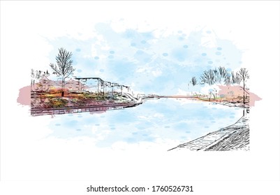 Building view with landmark of Vilnius, Lithuania’s capital, is known for its baroque architecture, seen especially in its medieval Old Town. Watercolor splash Hand drawn sketch illustration vector.