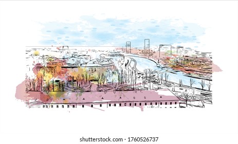 Building view with landmark of Vilnius, Lithuania’s capital, is known for its baroque architecture, seen especially in its medieval Old Town. Watercolor splash Hand drawn sketch illustration vector.