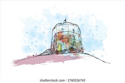 Building view with landmark of Vilnius, Lithuania’s capital, is known for its baroque architecture, seen especially in its medieval Old Town. Watercolor splash Hand drawn sketch illustration vector.