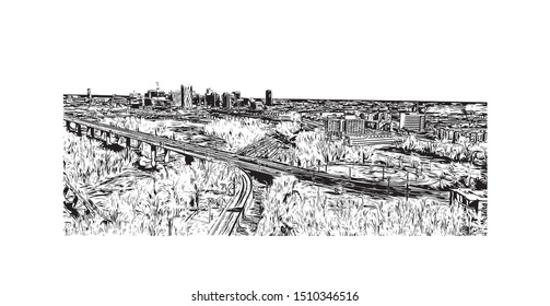 Building view with landmark of Virginia, a southeastern U.S. state, stretches from the Chesapeake Bay to the Appalachian Mountains. Hand drawn sketch illustration in vector.