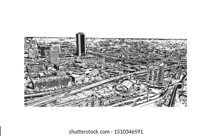 Building view with landmark of Virginia, a southeastern U.S. state, stretches from the Chesapeake Bay to the Appalachian Mountains. Hand drawn sketch illustration in vector.