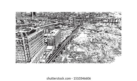 Building view with landmark of Virginia, a southeastern U.S. state, stretches from the Chesapeake Bay to the Appalachian Mountains. Hand drawn sketch illustration in vector.