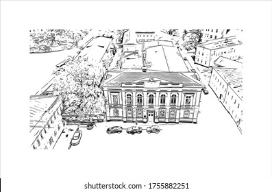 Building view with landmark of Vladimir is a Russian city east of Moscow. Hand drawn sketch illustration in vector