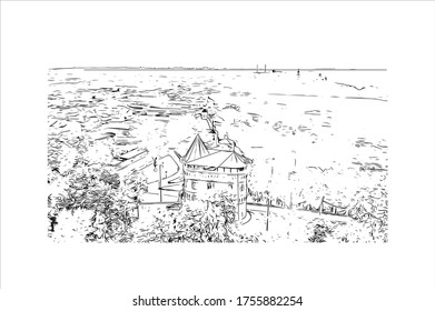 Building view with landmark of Vladimir is a Russian city east of Moscow. Hand drawn sketch illustration in vector
