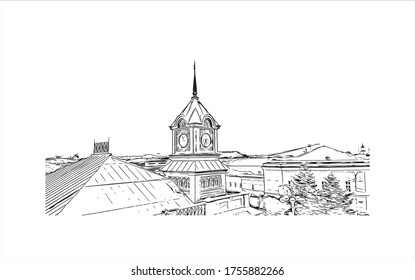 Building view with landmark of Vladimir is a Russian city east of Moscow. Hand drawn sketch illustration in vector