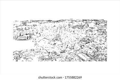 Building view with landmark of Vladimir is a Russian city east of Moscow. Hand drawn sketch illustration in vector