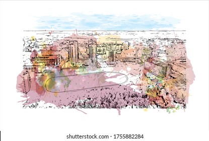Building view with landmark of Vladimir is a Russian city east of Moscow. Watercolor splash with Hand drawn sketch illustration in vector