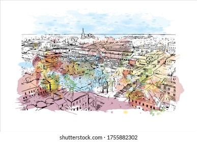 Building view with landmark of Vladimir is a Russian city east of Moscow. Watercolor splash with Hand drawn sketch illustration in vector