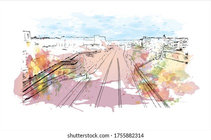 Building view with landmark of Vladimir is a Russian city east of Moscow. Watercolor splash with Hand drawn sketch illustration in vector