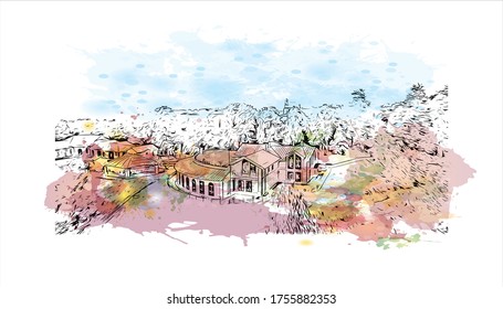 Building view with landmark of Vladimir is a Russian city east of Moscow. Watercolor splash with Hand drawn sketch illustration in vector
