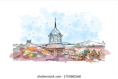 Building view with landmark of Vladimir is a Russian city east of Moscow. Watercolor splash with Hand drawn sketch illustration in vector