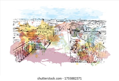 Building view with landmark of Vladimir is a Russian city east of Moscow. Watercolor splash with Hand drawn sketch illustration in vector