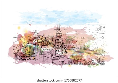 Building view with landmark of Vladimir is a Russian city east of Moscow. Watercolor splash with Hand drawn sketch illustration in vector