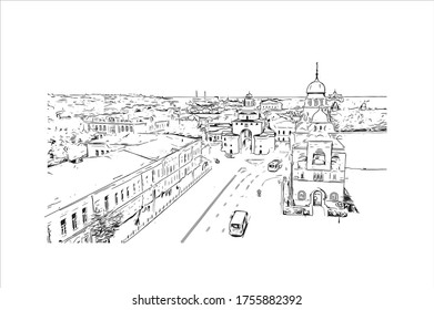 Building view with landmark of Vladimir is a Russian city east of Moscow. Hand drawn sketch illustration in vector