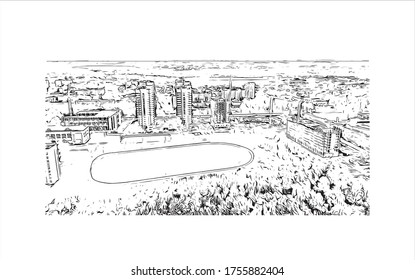 Building view with landmark of Vladimir is a Russian city east of Moscow. Hand drawn sketch illustration in vector