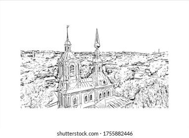 Building view with landmark of Vladimir is a Russian city east of Moscow. Hand drawn sketch illustration in vector