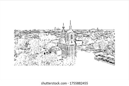 Building view with landmark of Vladimir is a Russian city east of Moscow. Hand drawn sketch illustration in vector