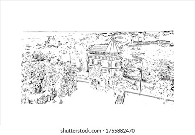 Building view with landmark of Vladimir is a Russian city east of Moscow. Hand drawn sketch illustration in vector