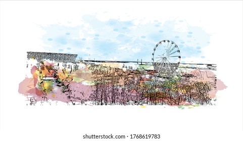 Building view with landmark of Vogograd formerly Stalingard is a city in southwest russia. Watercolor splash with hand drown sketch illustration in vector.