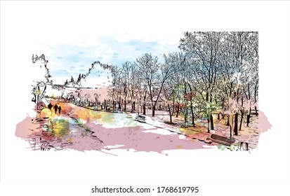 Vista de edificios con un punto de referencia de Vogograd antes Stalingard es una ciudad en el suroeste de rusia. Esplandor de color de agua con ilustración de dibujo de la mano en vector.