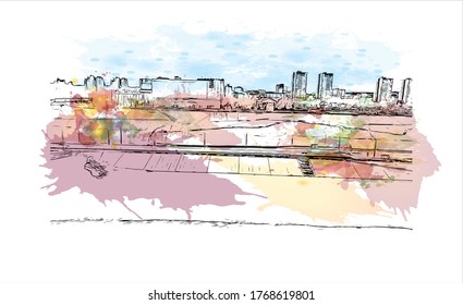 Building view with landmark of Vogograd formerly Stalingard is a city in southwest russia. Watercolor splash with hand drown sketch illustration in vector.