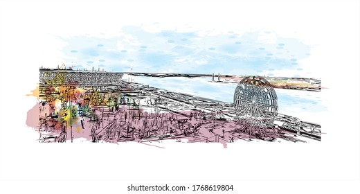 Building view with landmark of Vogograd formerly Stalingard is a city in southwest russia. Watercolor splash with hand drown sketch illustration in vector.