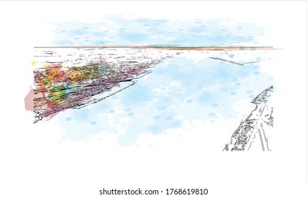 Building view with landmark of Vogograd formerly Stalingard is a city in southwest russia. Watercolor splash with hand drown sketch illustration in vector.