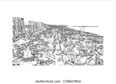 Building view with landmark of Vogograd formerly Stalingard is a city in southwest russia. Hand drown sketch illustration in vector.