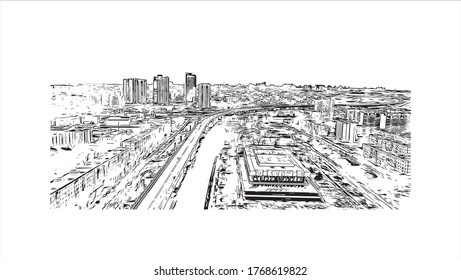Vista de edificios con un punto de referencia de Vogograd antes Stalingard es una ciudad en el suroeste de rusia. Ilustración de boceto de mano ahogada en vector.
