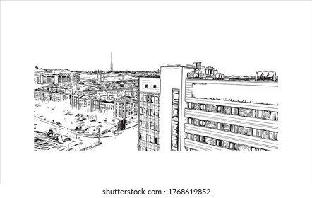 Building view with landmark of Vogograd formerly Stalingard is a city in southwest russia. Hand drown sketch illustration in vector.