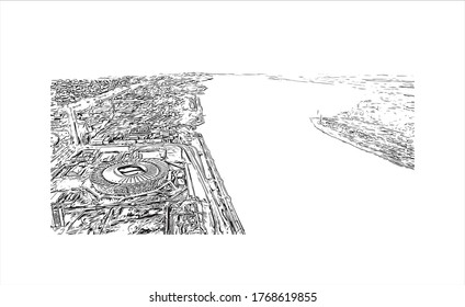 Building view with landmark of Vogograd formerly Stalingard is a city in southwest russia. Hand drown sketch illustration in vector.