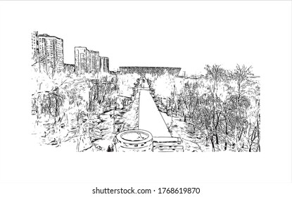 Building view with landmark of Vogograd formerly Stalingard is a city in southwest russia. Hand drown sketch illustration in vector.