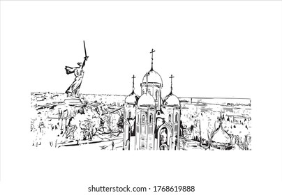 Vista de edificios con un punto de referencia de Vogograd antes Stalingard es una ciudad en el suroeste de rusia. Ilustración de boceto de mano ahogada en vector.