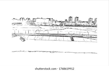 Building view with landmark of Vogograd formerly Stalingard is a city in southwest russia. Hand drown sketch illustration in vector.
