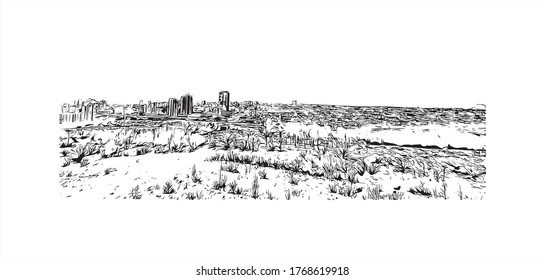 Vista de edificios con un punto de referencia de Vogograd antes Stalingard es una ciudad en el suroeste de rusia. Ilustración de boceto de mano ahogada en vector.