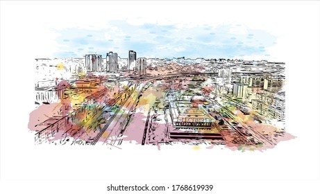 Building view with landmark of Vogograd formerly Stalingard is a city in southwest russia. Watercolor splash with hand drown sketch illustration in vector.