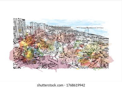 Building view with landmark of Vogograd formerly Stalingard is a city in southwest russia. Watercolor splash with hand drown sketch illustration in vector.